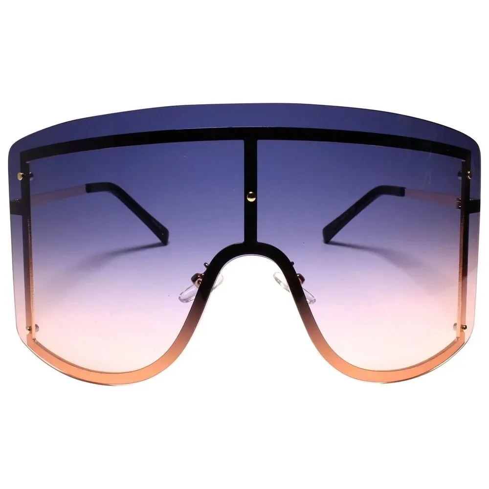 Two Tone Blue and Pink Lens Exaggerated Wrap Oversized Gold Womens Sunglasses